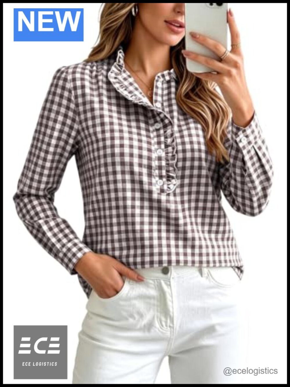Women's Puff Long Sleeve Plaid Button Down Shirt Ruffle Collar Loose Fit Blouse